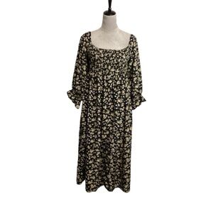 Midi Dress Dark Cottagecore Boho Prairie Womens Size L Ditzy Floral Peasant